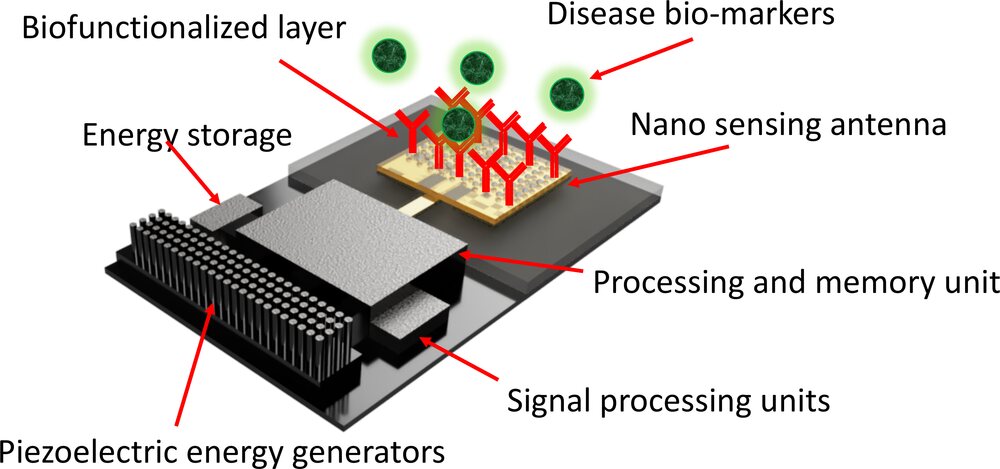 Rendering of a nano-biosensing node with a plasmonic nano-antenna, bio-functionalized layer, and on-board processing