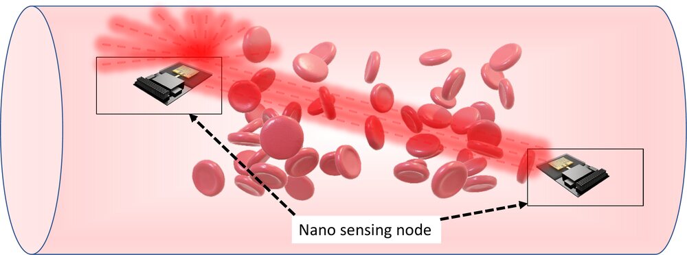 Figure from our IEEE JSAC paper: plasmonic nano-sensing nodes communicating inside a blood vessel